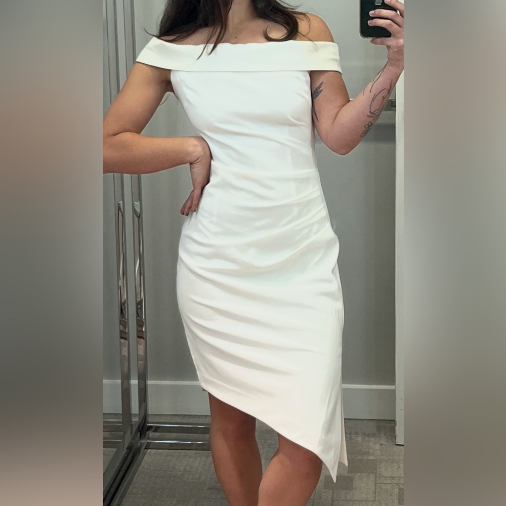 Neiman Marcus Off-Shoulder White Asymmetrical Dress